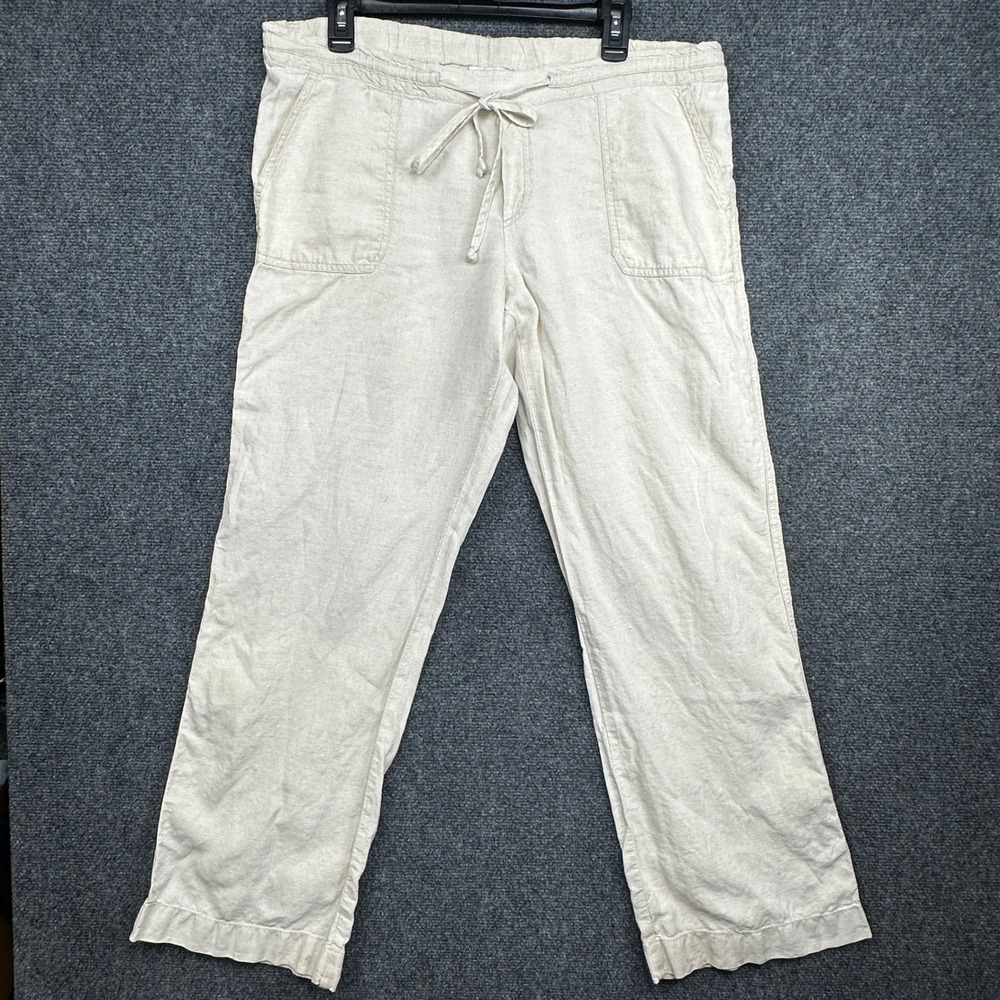 Allen Allen Linen Pants Cream Drawstring Elastic Waist Straight Leg